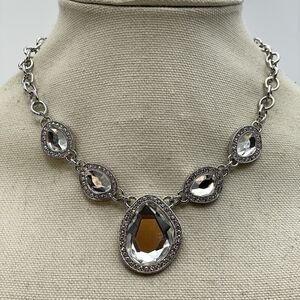 Silver Tone White Glass Rhinestone Halo Pendant Bib Statement Boho Necklace